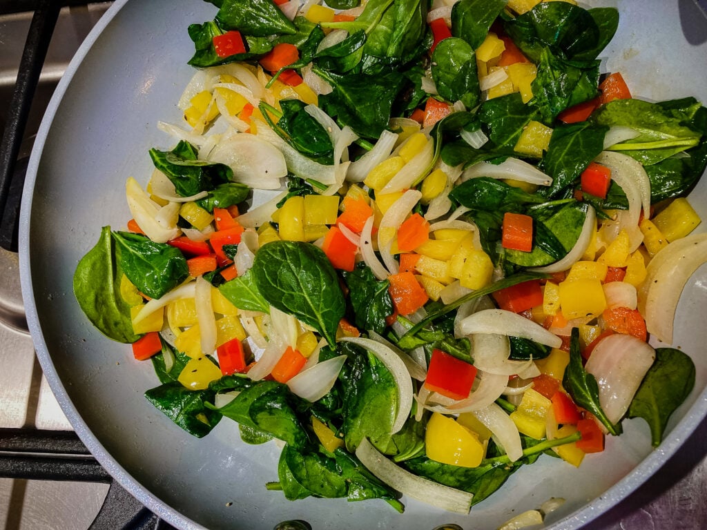 peppers, onions and spinach