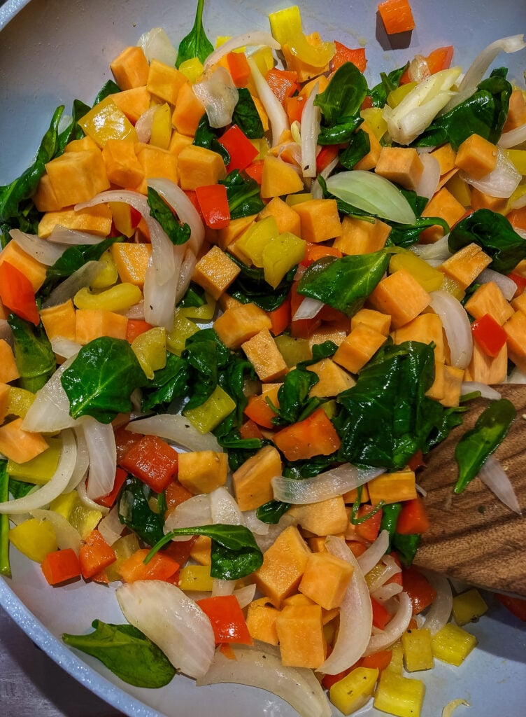 peppers, onions, spinach and sweet potatoes