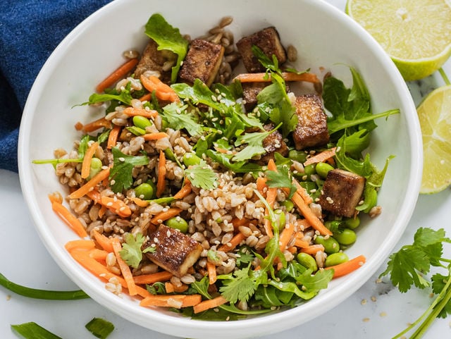 finished crispy baked tofu bowl recipe